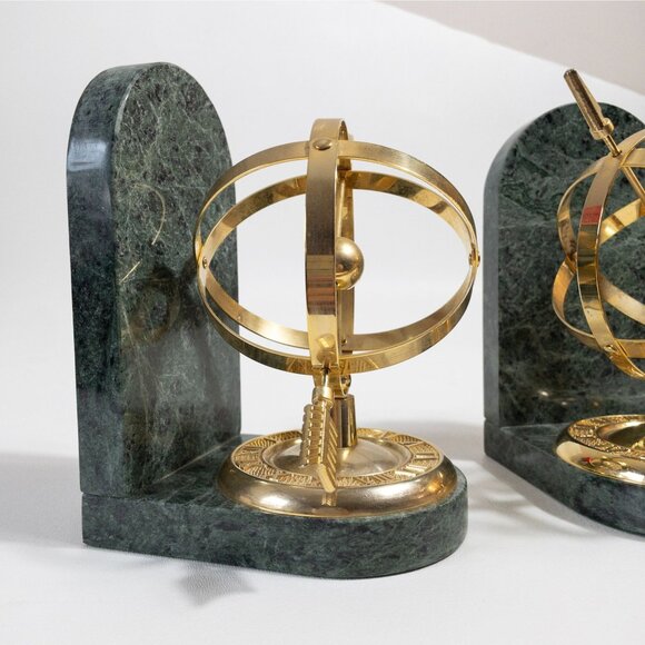 Green Marble Armillary Sphere Bookends With Brass Accents - Picture 5 of 11